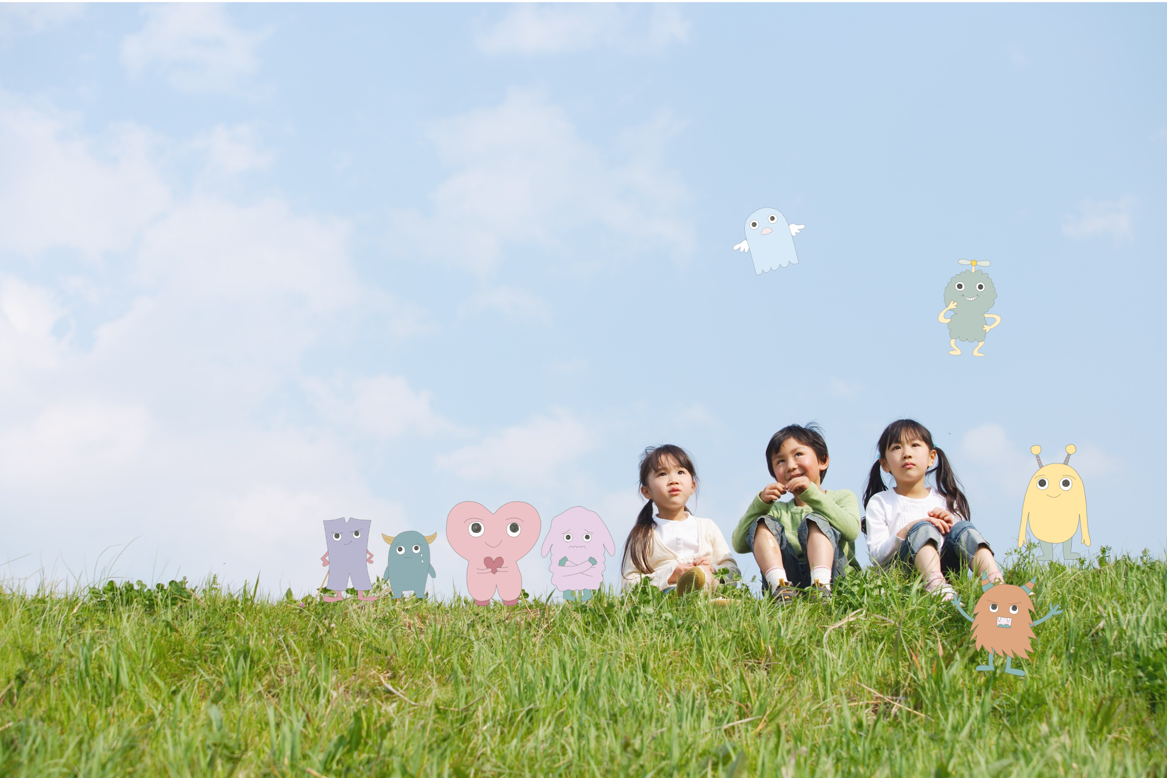 青空の下で過ごす子どもたちと、きもちの輪のキャラクター